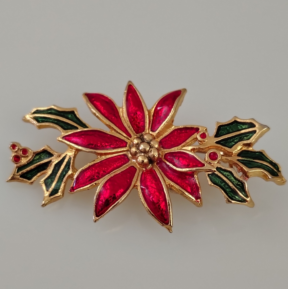 Red Poinsettia and Gold Floral Brooch